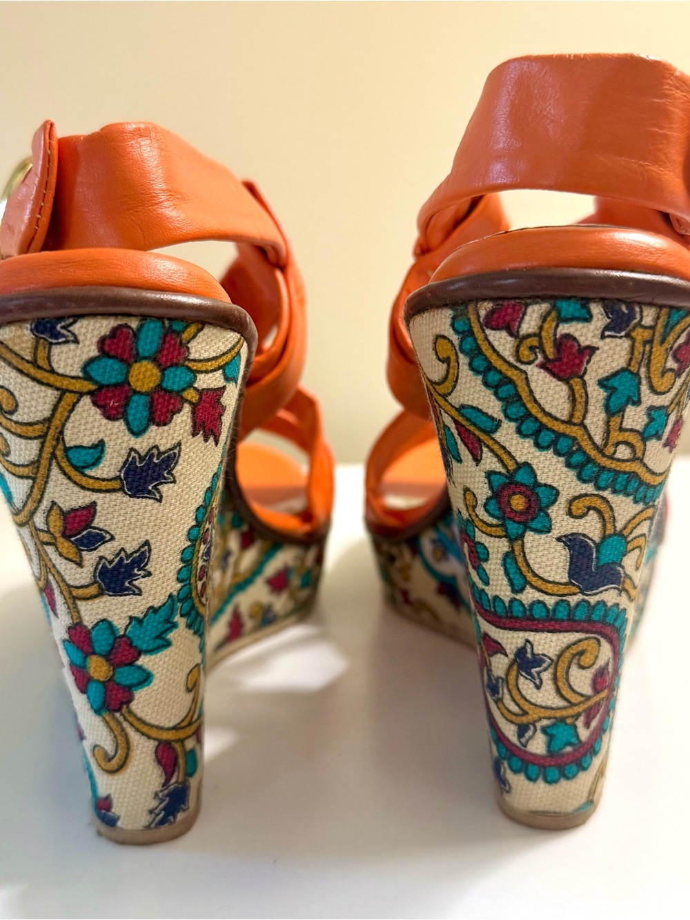 Orange Tapestry Patterned-Platform Wedge Sandals with Cross Straps- Size 8 - Picture 2 of 12
